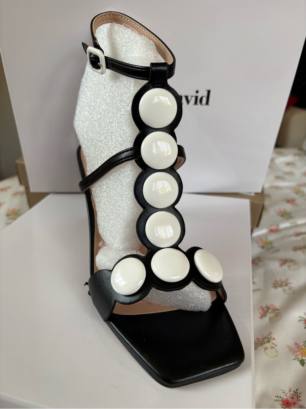 Charles David Black Sandal with White Circular Embellishments